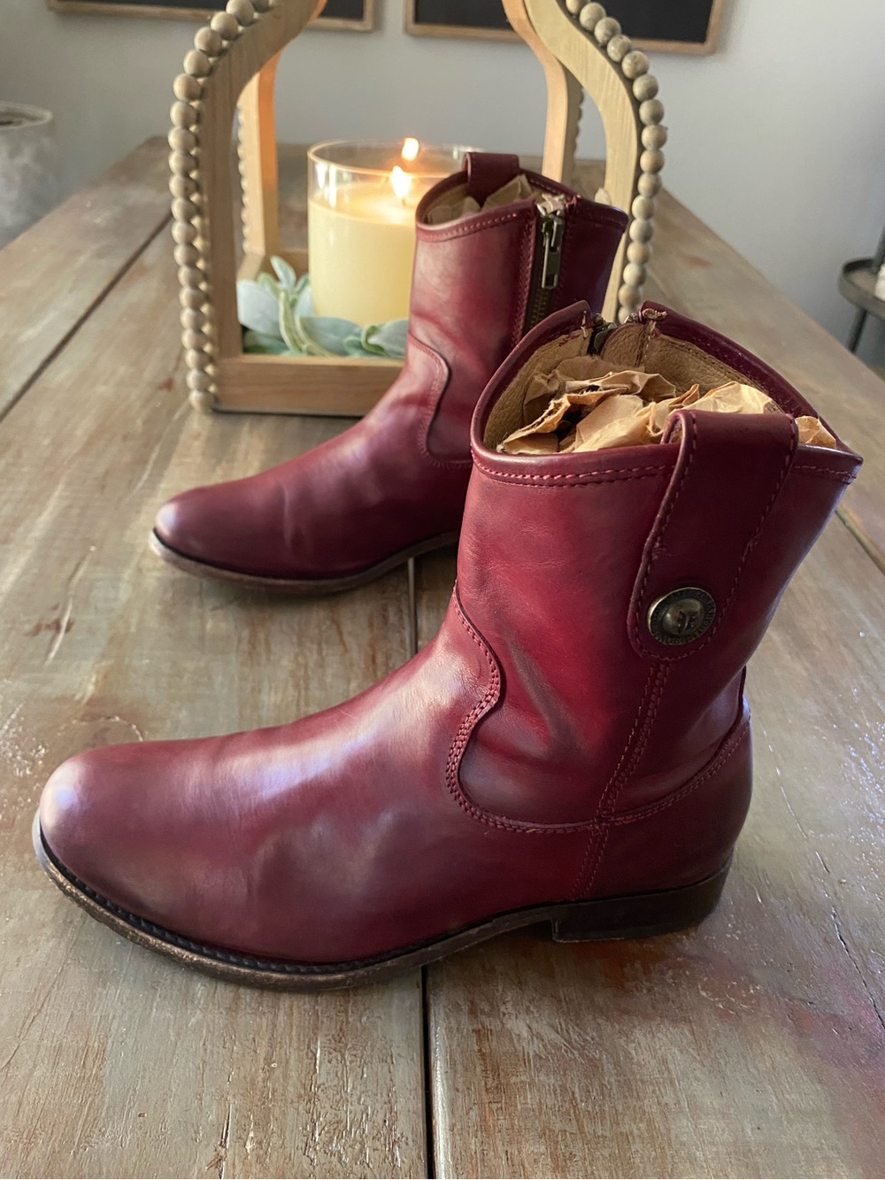 Frye Melissa Button Short Leather Moto Boots Bordeaux Womens 6 B Merlot Burgundy